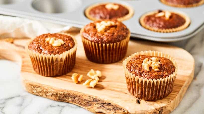 banana bread muffins on wood board
