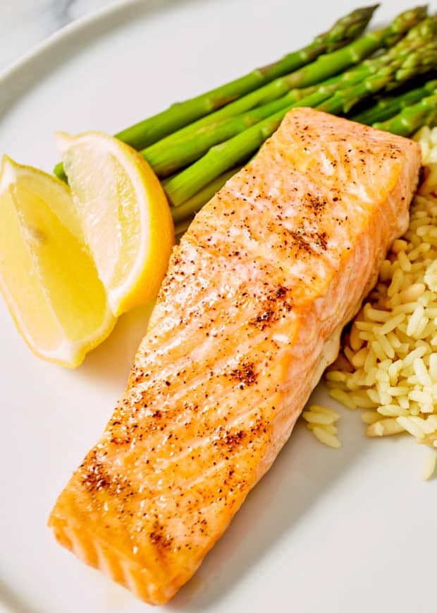 cast iron salmon with rice and asparagus