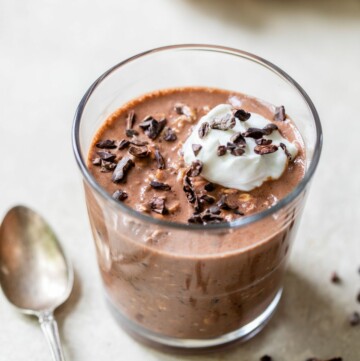 Chocolate overnight oats topped with Greek yogurt.