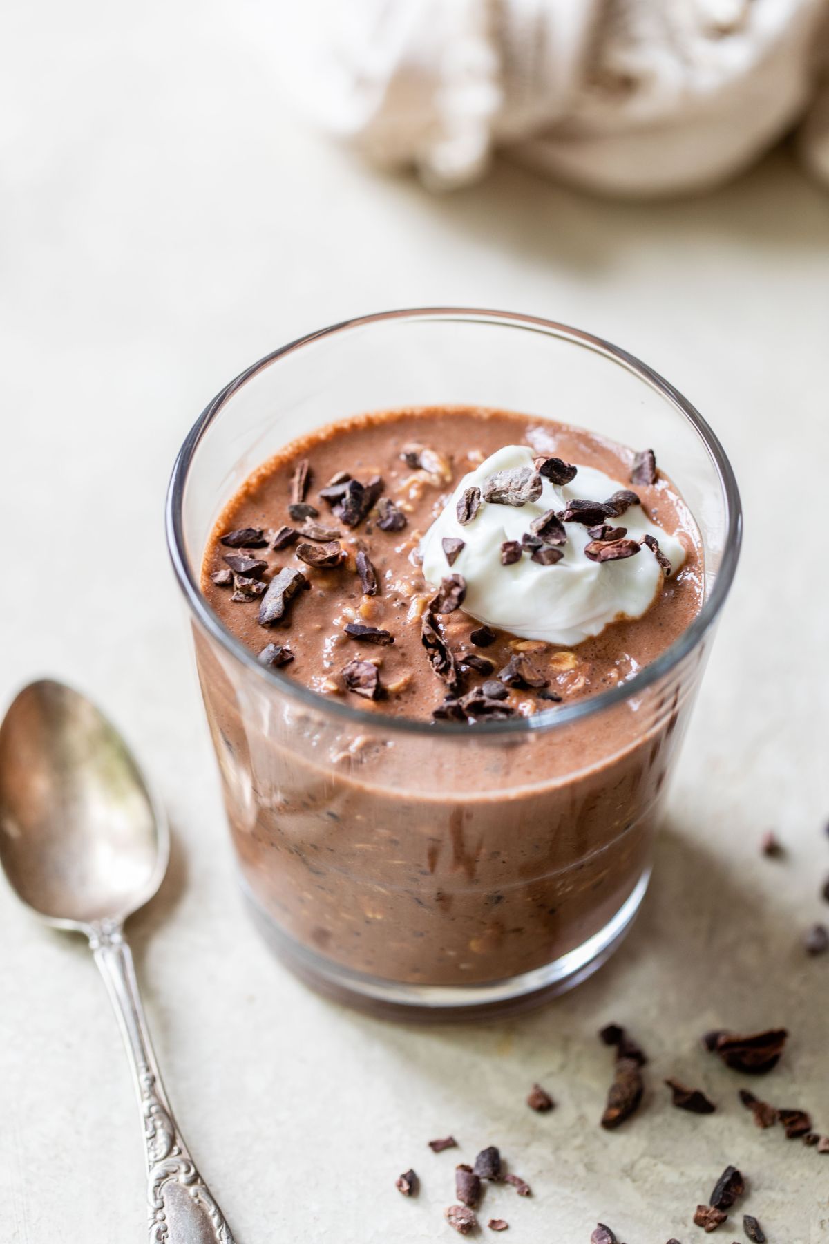 Chocolate overnight oats topped with Greek yogurt.