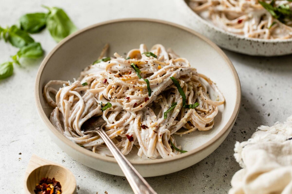 Linguine with cottage cheese Alfredo sauce.
