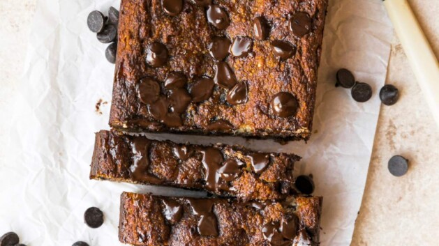 Sliced cottage cheese banana bread with chocolate chips.
