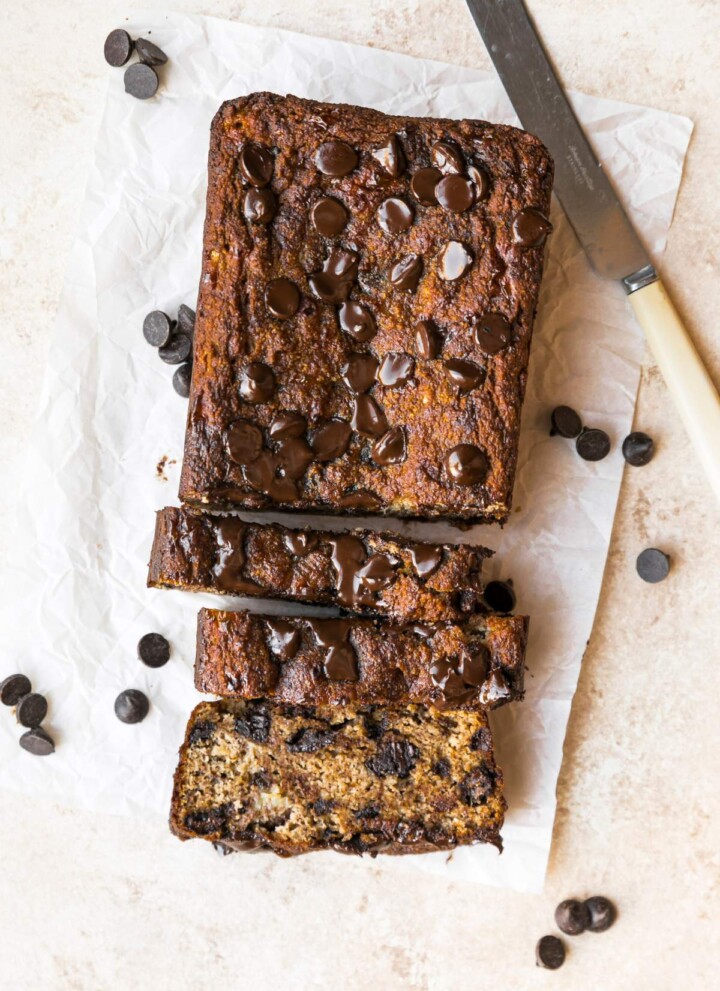 Sliced cottage cheese banana bread with chocolate chips.