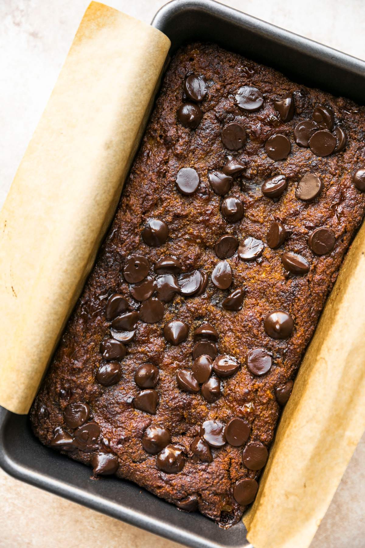 Baked cottage cheese banana bread in a loaf pan.