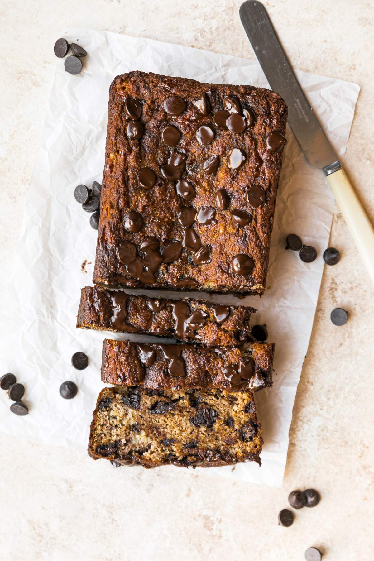 Sliced cottage cheese banana bread with chocolate chips.