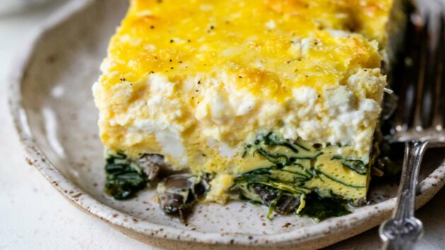 Serving of cottage cheese egg bake on a plate.