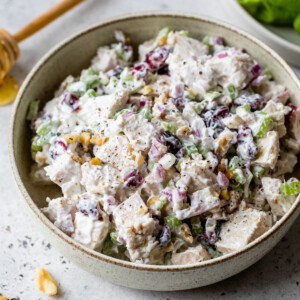 cranberry walnut chicken salad in a bowl