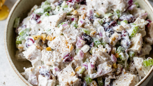 cranberry walnut chicken salad in a bowl
