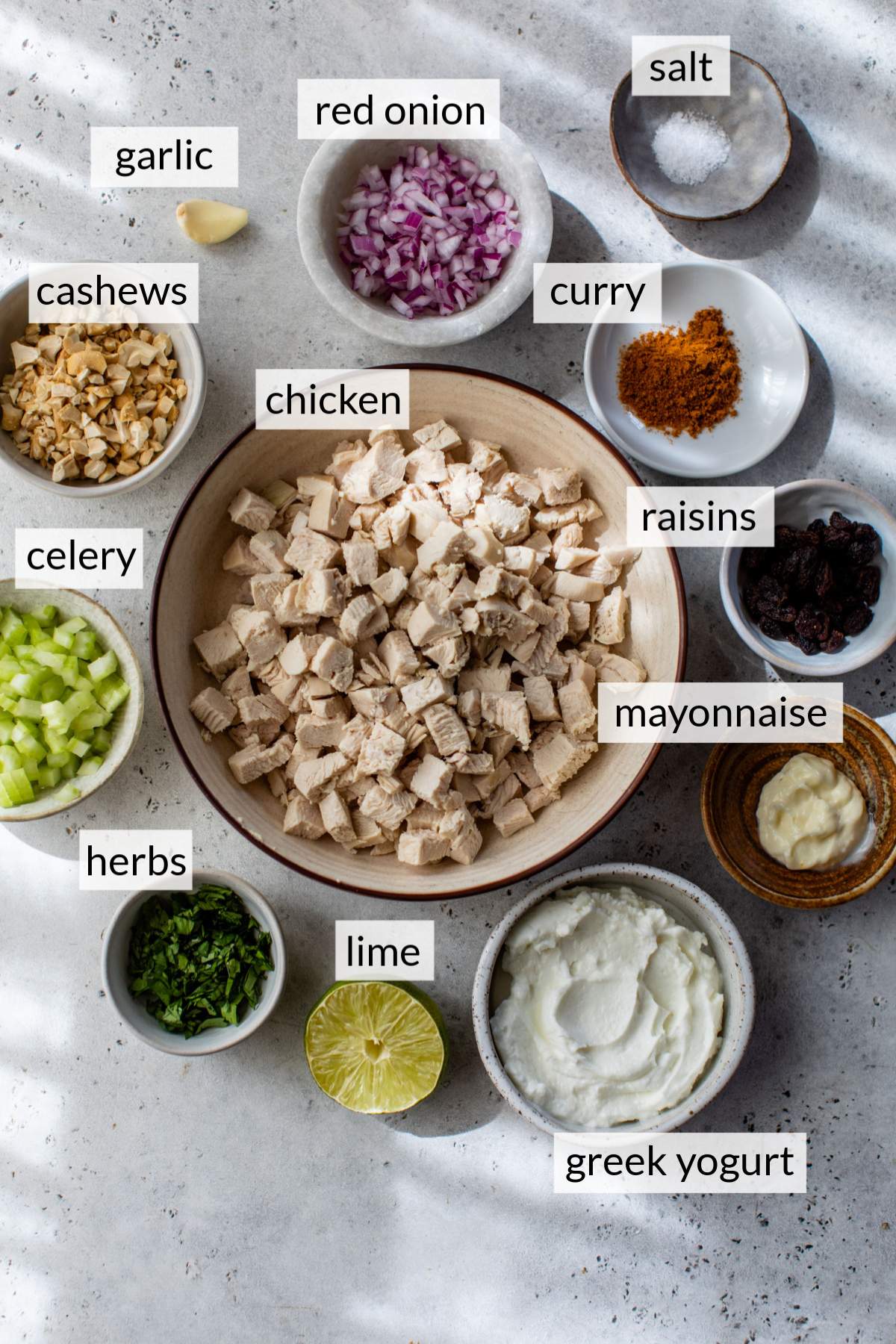 Bowls with chicken, onion, yogurt, herbs and curry.