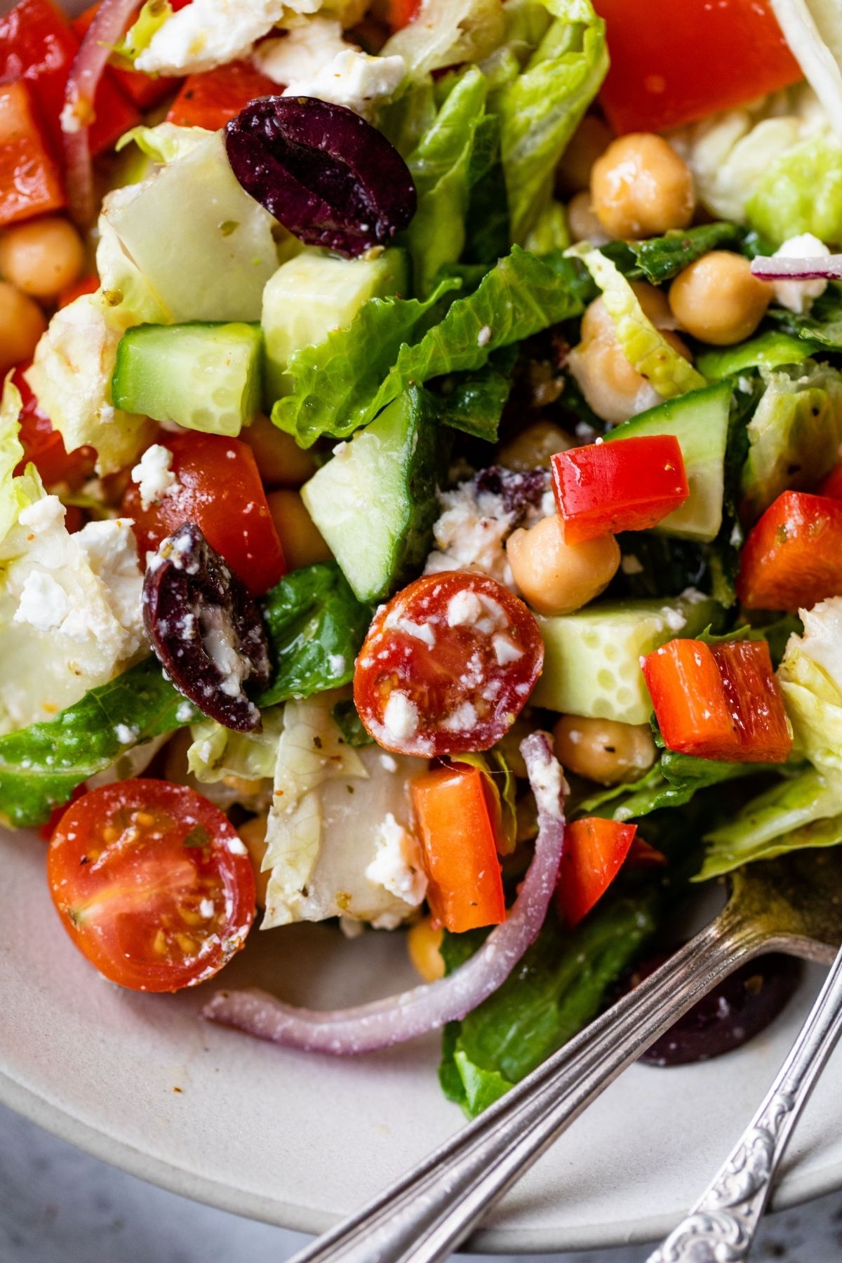 Salad with romaine, tomatoes and olives.
