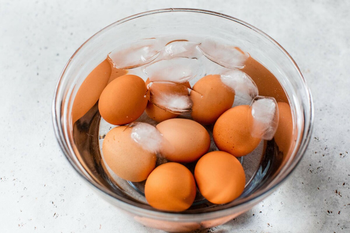 Brown eggs submerged in a large bowl filled with ice water.