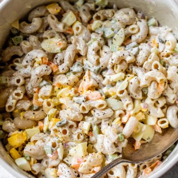 Macaroni salad served in a large bowl.
