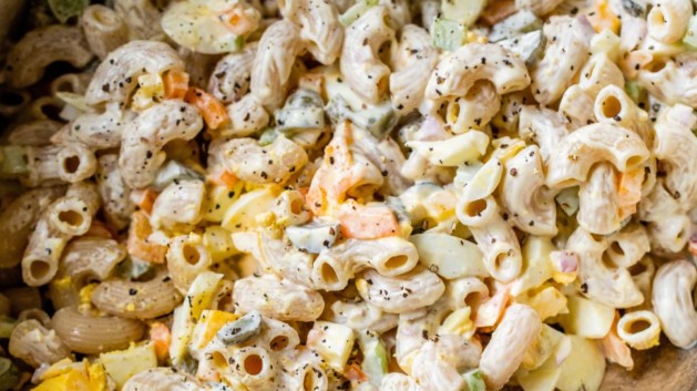 Macaroni salad served in a large bowl.