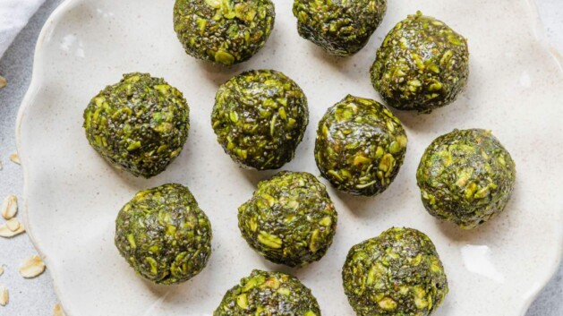 Matcha balls on a white plate.