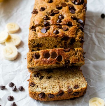Protein banana bread with chocolate chips, partially sliced.
