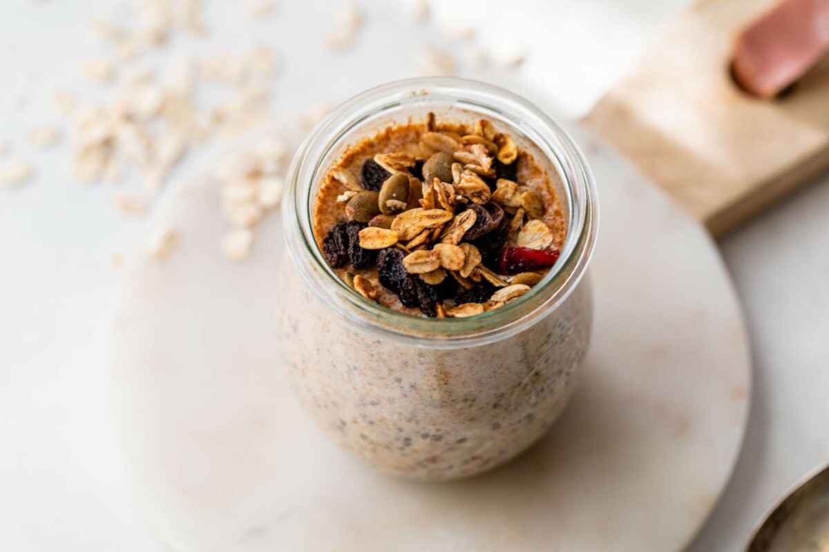 Overnight oats topped with granola.