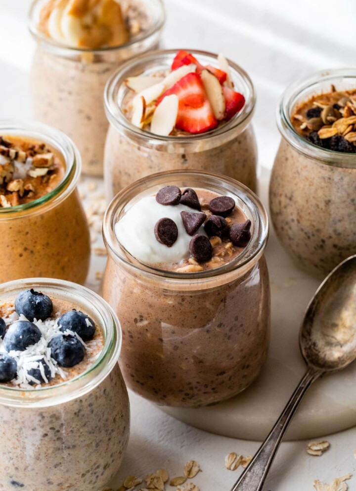 Protein overnight oats with different toppings.