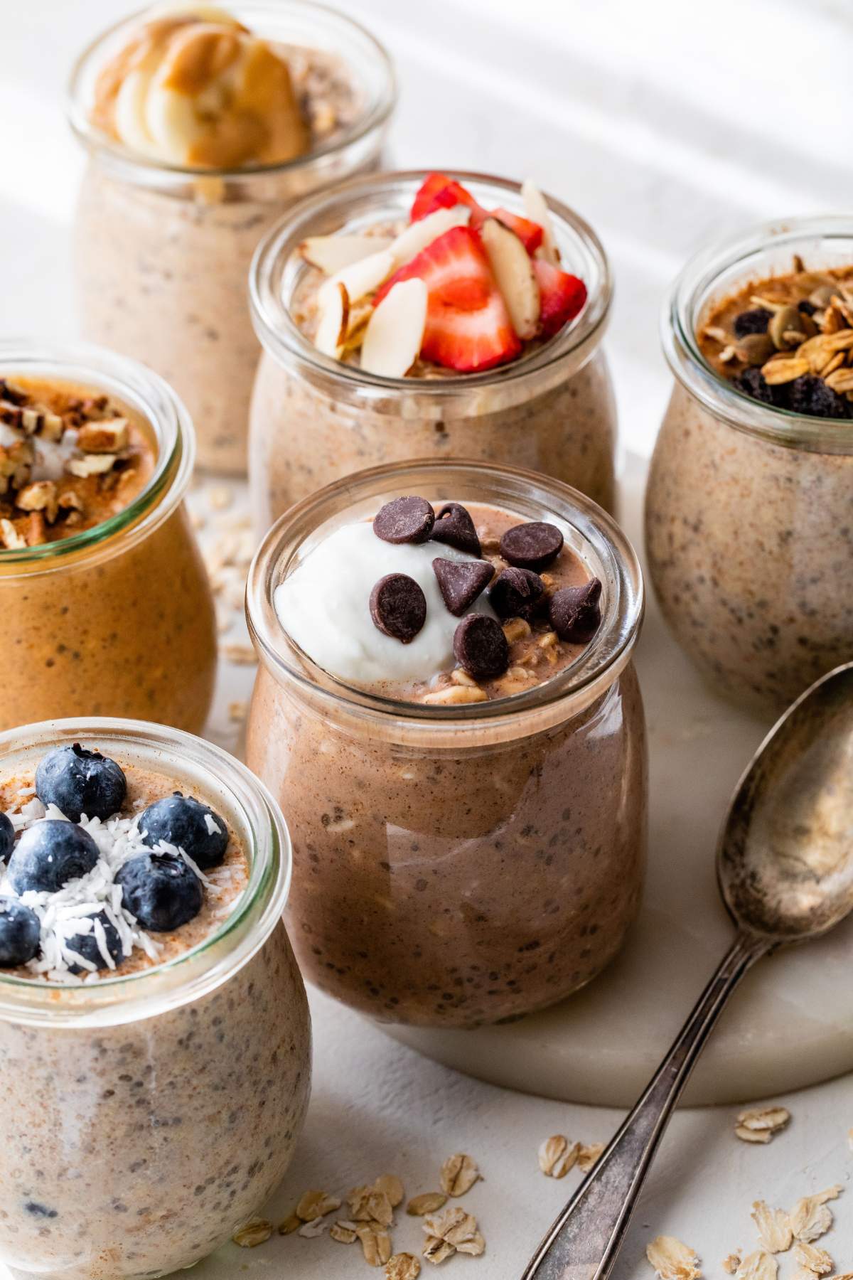Protein overnight oats with different toppings.