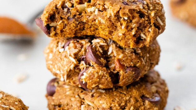 Pumpkin oatmeal chocolate chip cookies stacked.