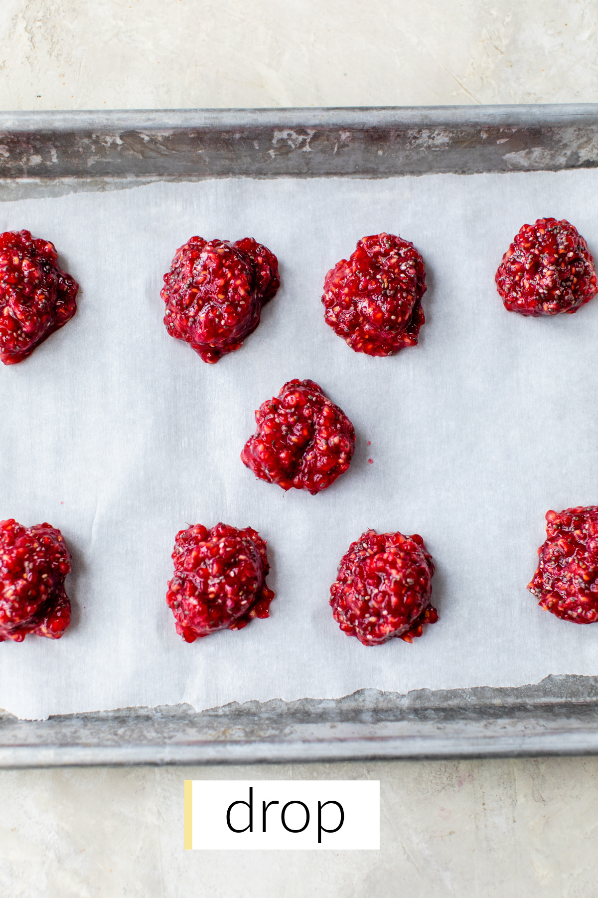 raspberry chia drops on a rimmed baing sheet