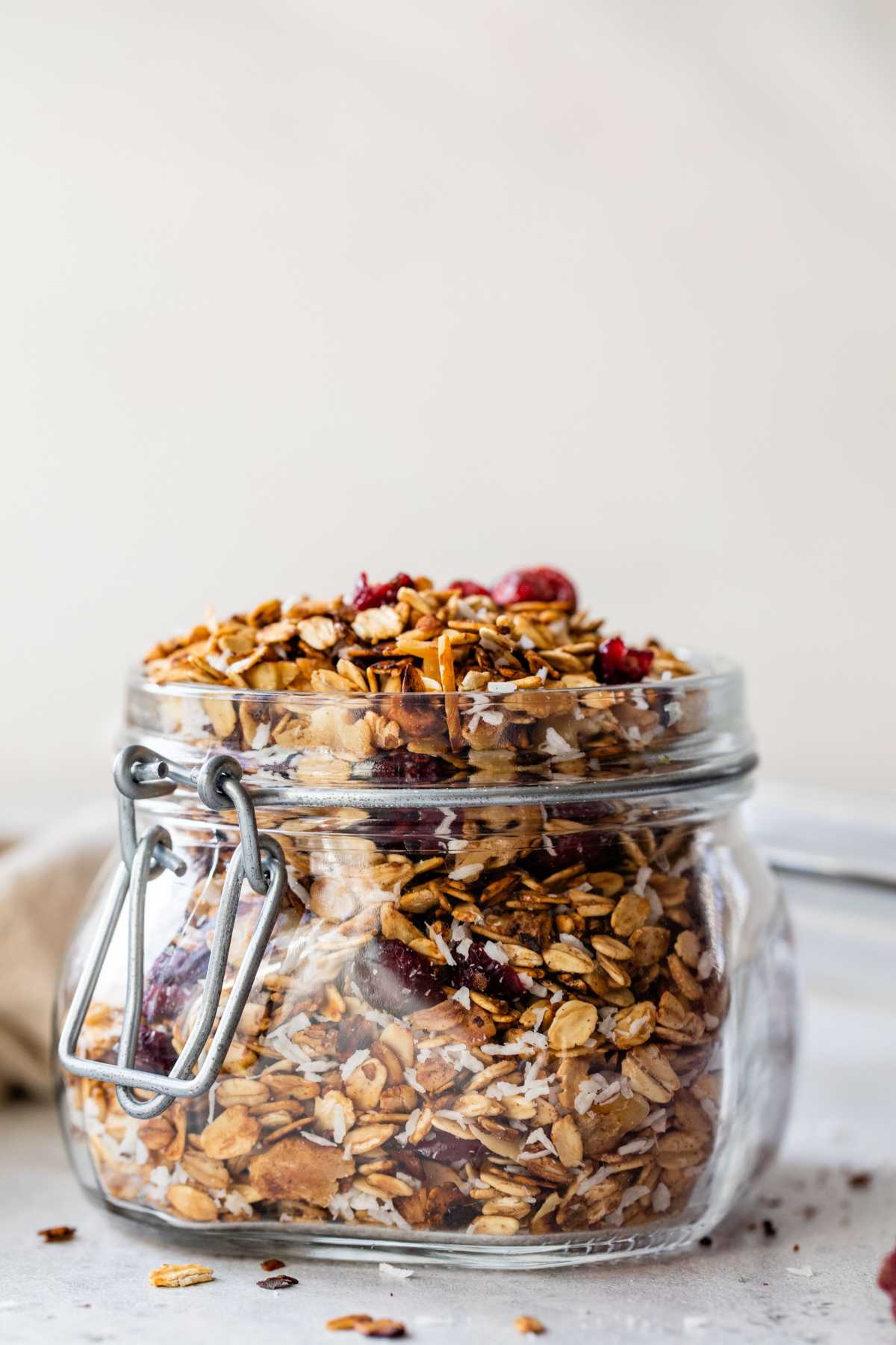 Granola in a glass mason jar.