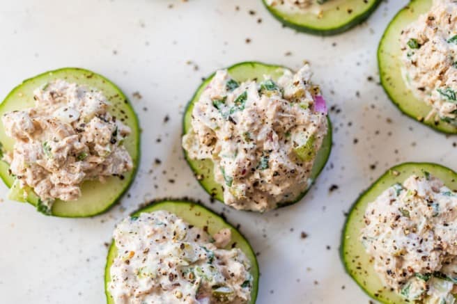 tuna salad served on sliced cucumber rounds