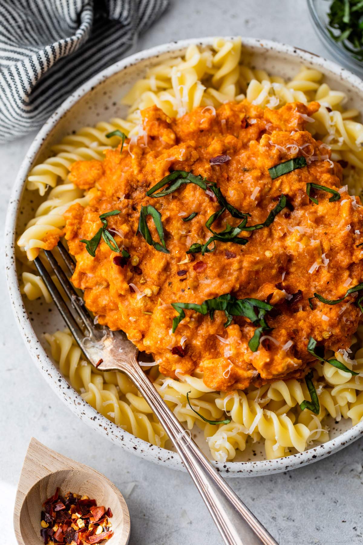 Turkey bolognese with cottage cheese over pasta.