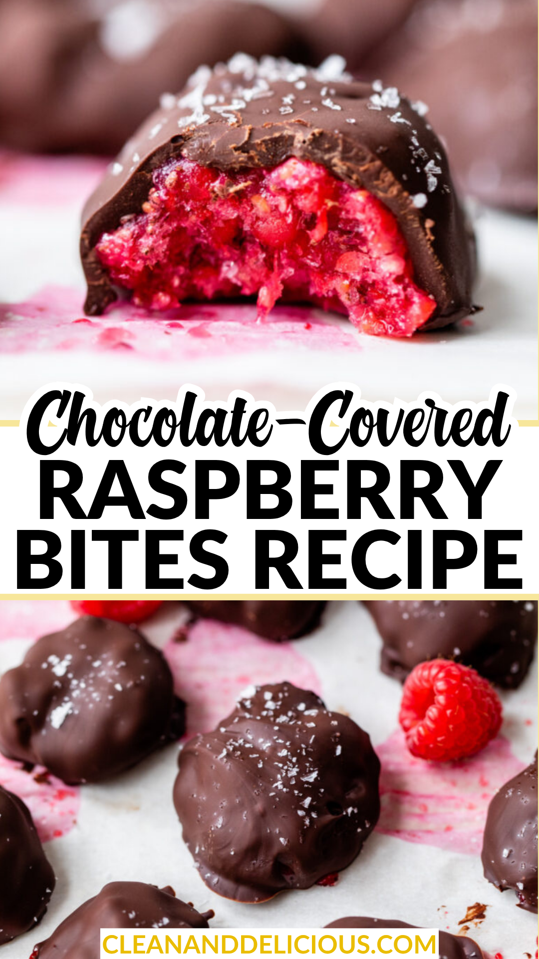 Pinterest Pin: Close-up of chocolate-covered raspberry bites, some whole and one with a bite revealing the pink raspberry filling. Text overlay reads "Chocolate-Covered Raspberry Bites Recipe"—a deliciously healthy dessert idea.